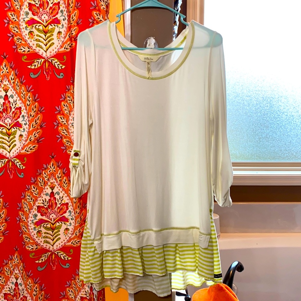Matilda Jane cream and green ruffle hem tunic.
